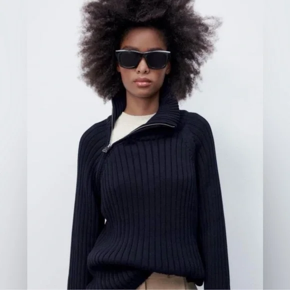Zara Angle Zip Ribbed Mock Neck Oversized Cotton Sweater - Picture 1 of 8